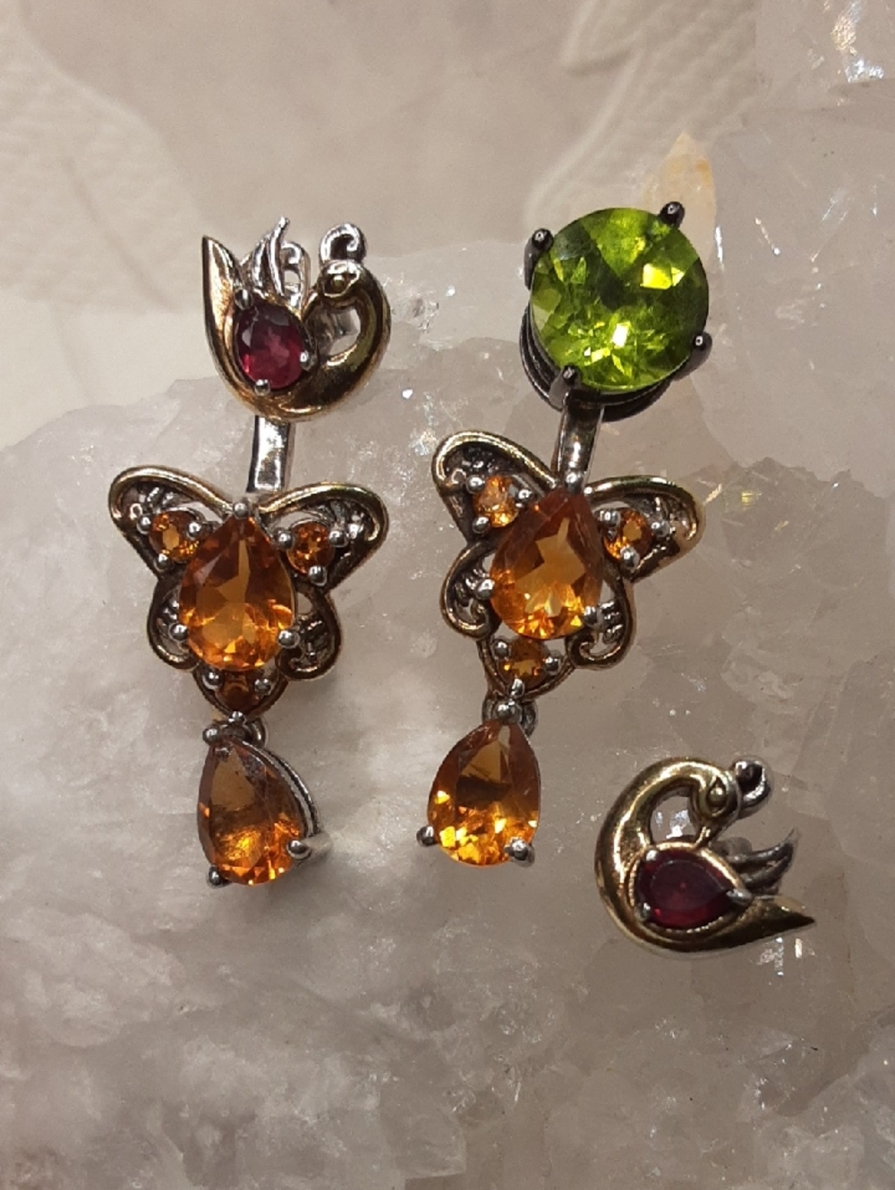 925 Genuine Gemstone Convertible Earrings. Peacock And Butterfly.